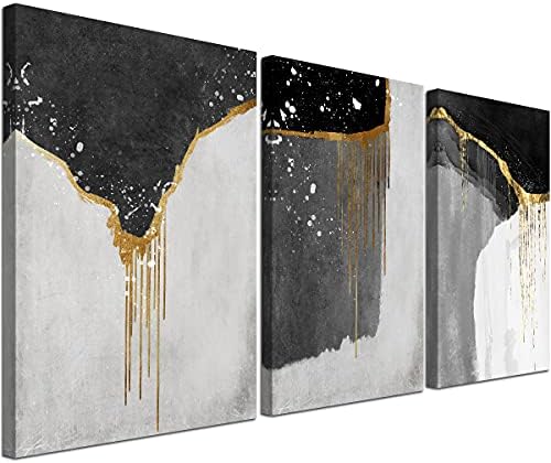Loomarte 3 Darab Absztrakt Wall Art Fekete, Fehér, Fali Dekor Modern Keretes Fekete-Arany-Szürke Hálószoba Bohém Festmények
