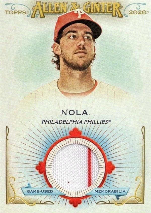Aaron Nola játékos kopott jersey-i javítás baseball kártya (Philadelphia Phillies) 2020 Topps Allen & Ginter FSRBAN csíkos