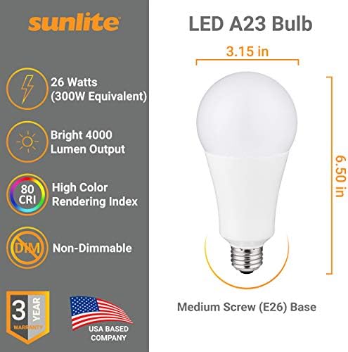 Sunlite 82110 LED A23-as Villanykörtét, 26 W (300w Egyenértékű), Nagy teljesítményű, 4000 Lumen, Közepes E26 Bázis, 120-227