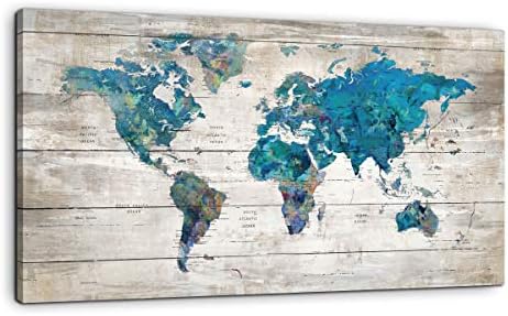 Absztrakt Akvarell Kék Világ Térkép Vászon Fal Művészi Nyomatok Nappali Iroda Nagy Teal Fehér Akvarell Világ Térkép, Kép