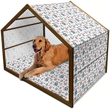 Ambesonne haszonállat Fából készült kutyaház, Ismétlődő Minta rajzfilmfigurák, Beltéri & Kültéri Hordozható Kutya Kennel