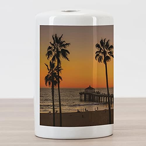 Ambesonne Vintage Strand Kerámia Fogkefe Tartó, Fotó pálmafák Manhattan Beach Los Angeles-i Sunset Sziluett Művészet, Dekoratív